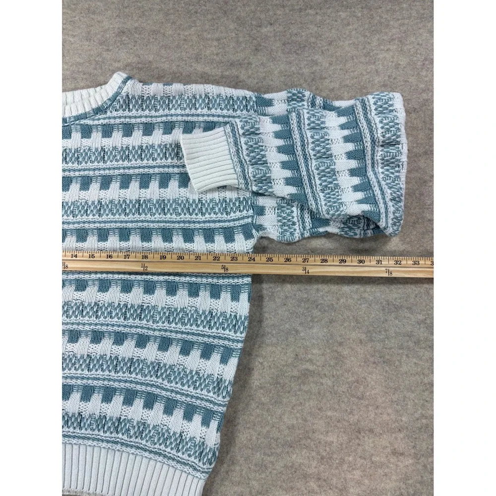 Vintage Geometric Knit Crewneck Sweater Blue Cream Textured Long Sleeve Pullover